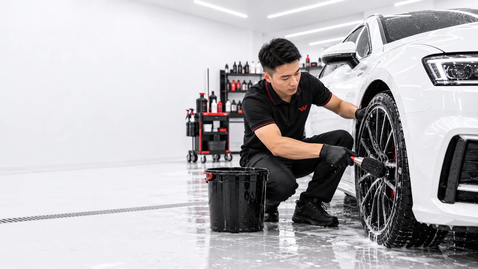 Kỹ thuật viên Vương Võ Detailing dùng bàn chải mềm làm sạch mâm và lốp xe