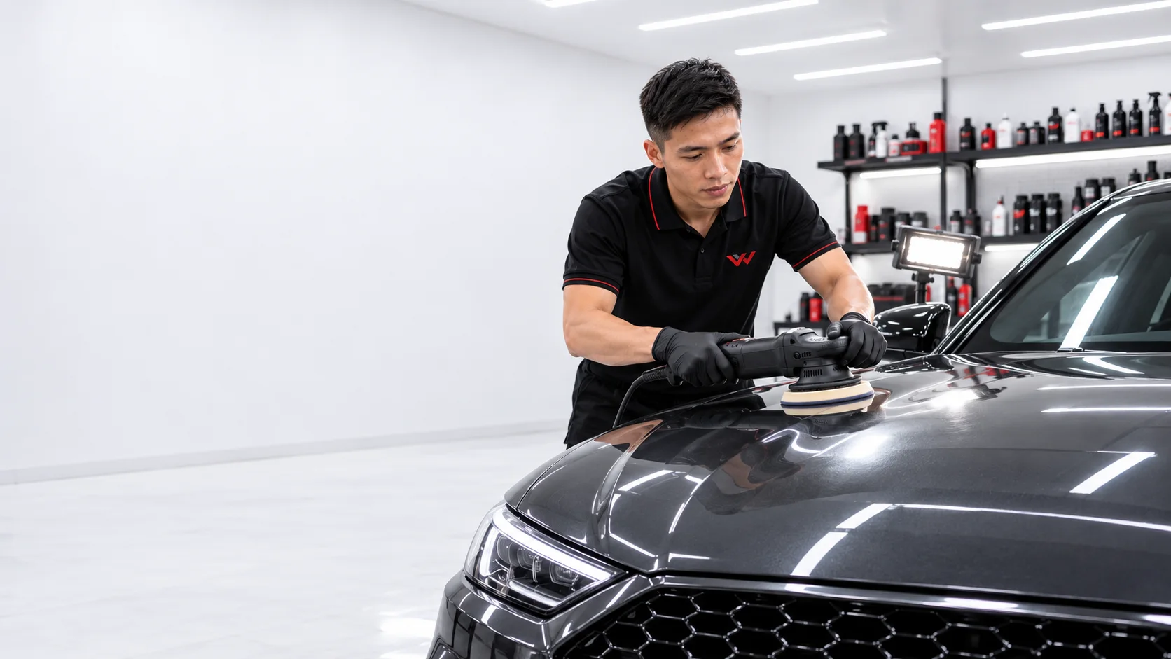 Kỹ thuật viên Vương Võ Detailing dùng máy đánh bóng hiệu chỉnh bề mặt sơn xe
