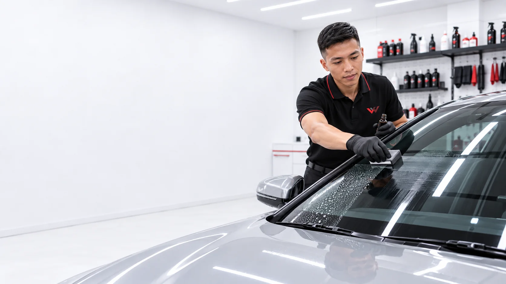 Kỹ thuật viên Vương Võ Detailing thao tác phủ lớp chống bám nước trên kính ô tô