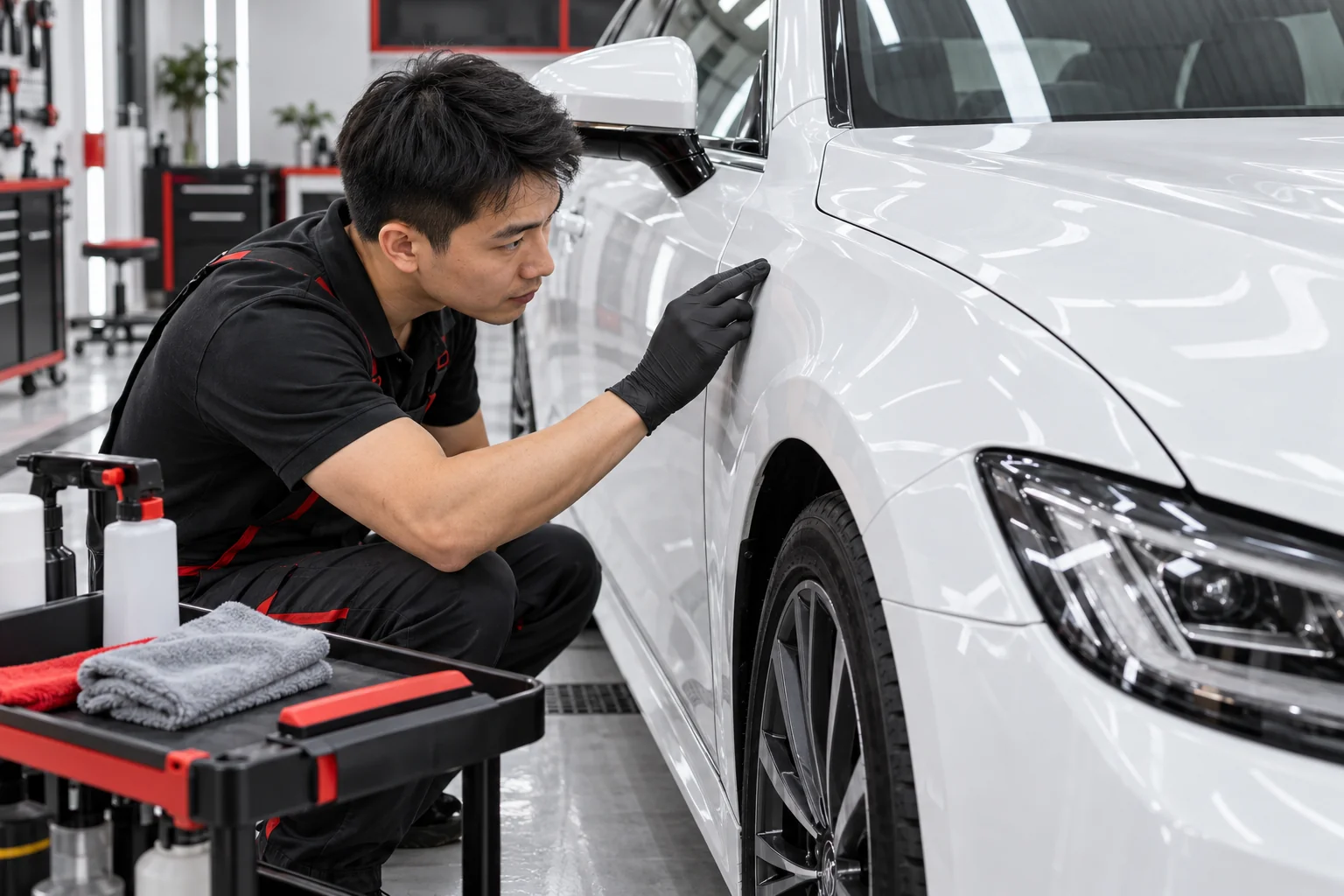 Kỹ thuật viên kiểm tra mép phim PPF trên xe sau thi công