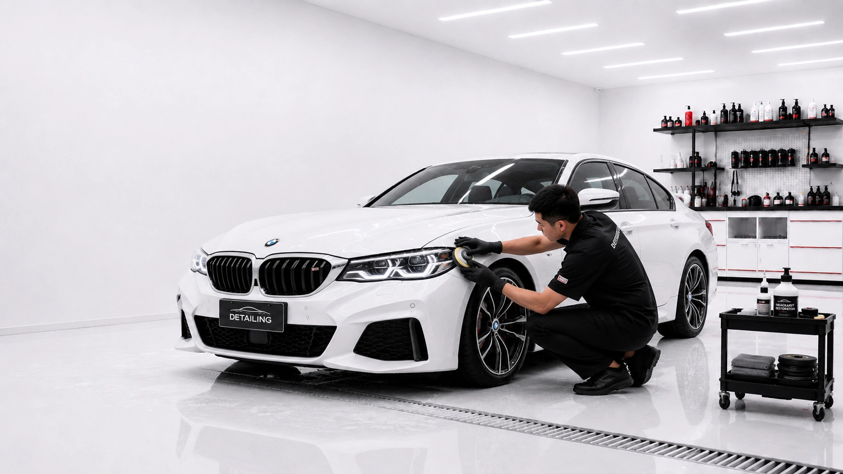 Kỹ thuật viên phục hồi mặt ngoài đèn pha trong gara