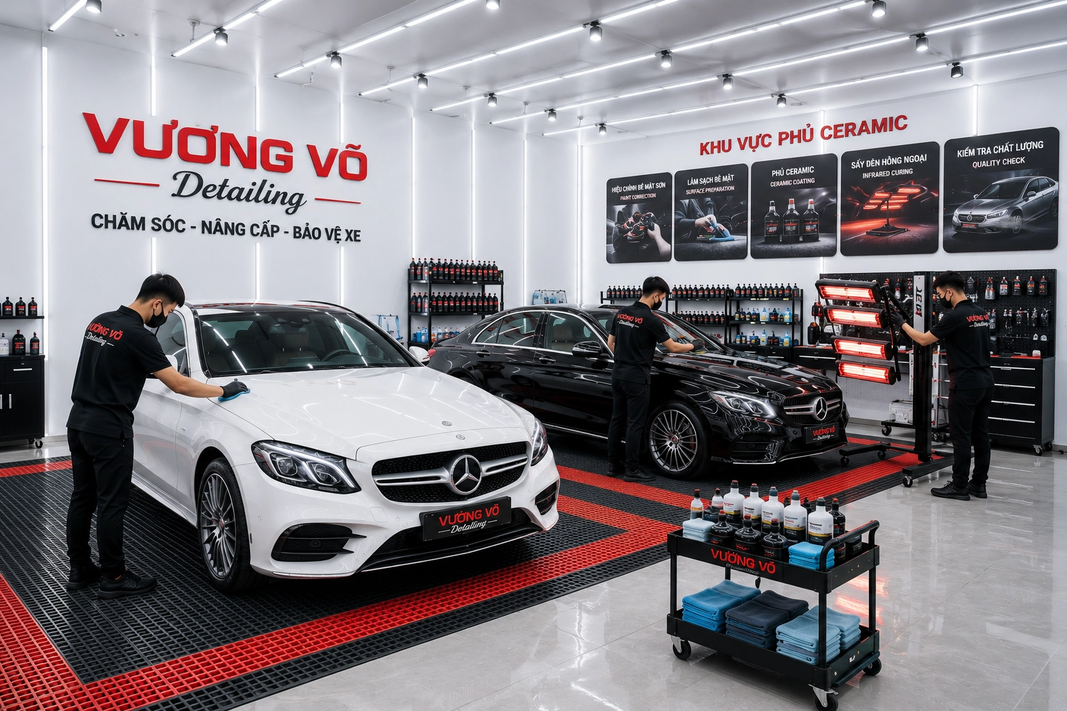Khu vực thi công phủ Ceramic trong gara có hệ thống chiếu sáng kiểm tra