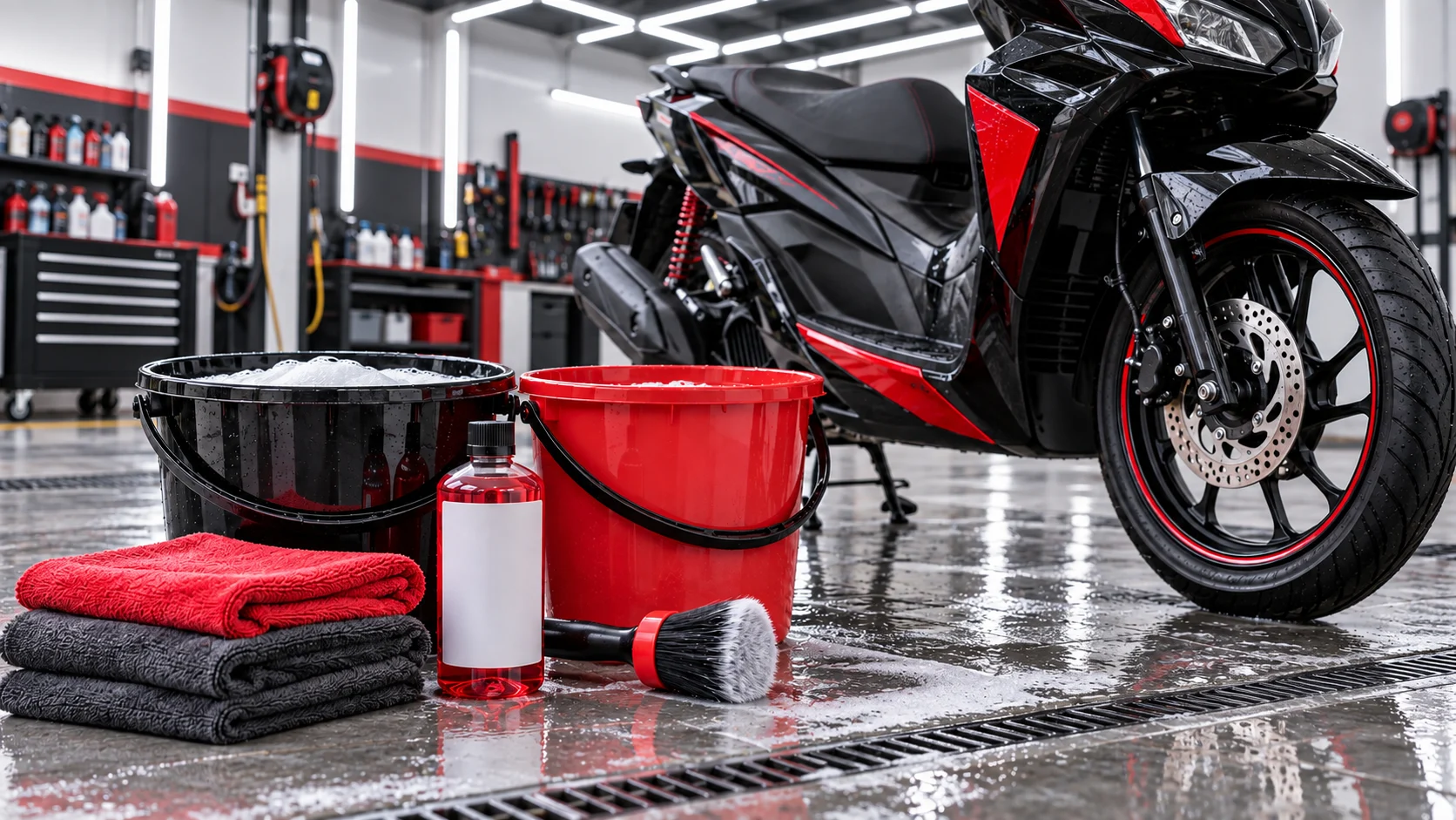 Dụng cụ chăm sóc và khăn sạch cạnh xe máy trong gara