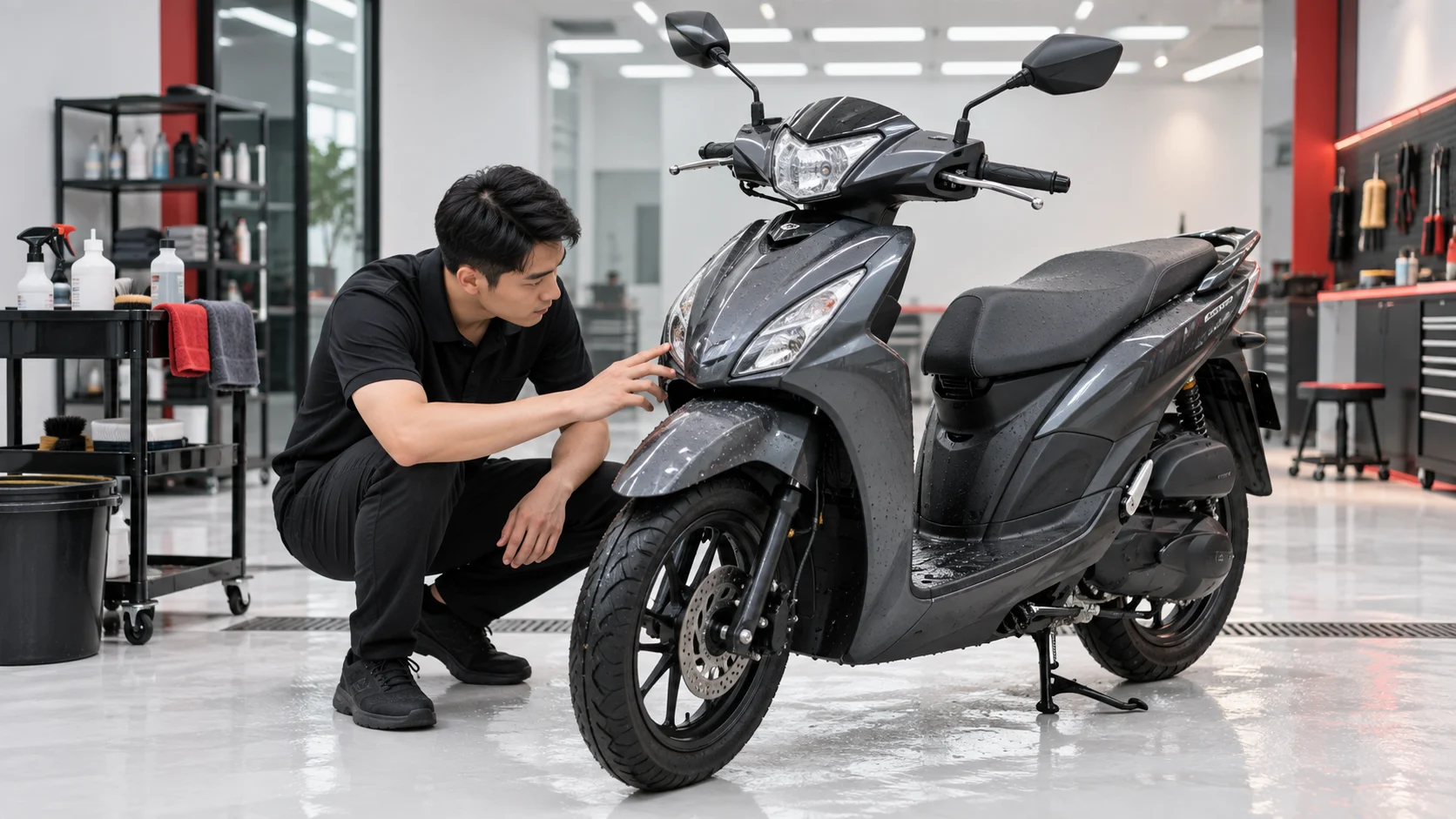 Kiểm tra xe máy sau khi làm sạch trong gara