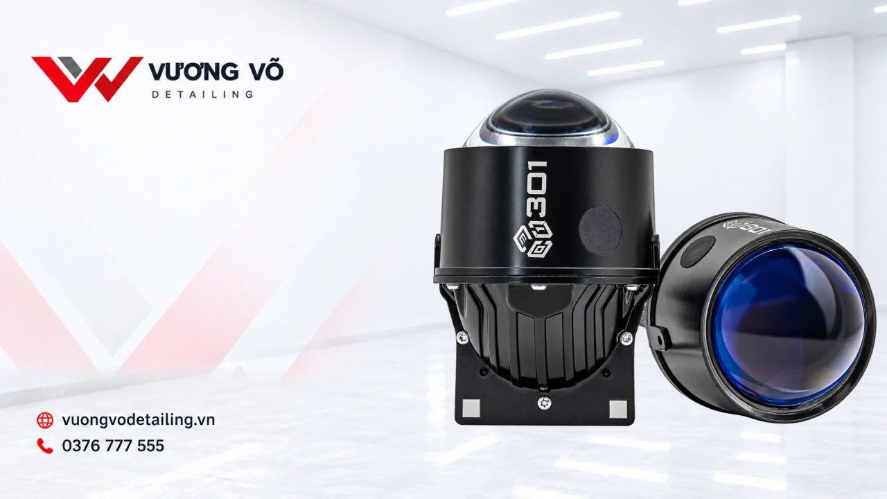 Đèn bi gầm Titan 301 ba nhiệt màu trên nền nhận diện Vương Võ Detailing