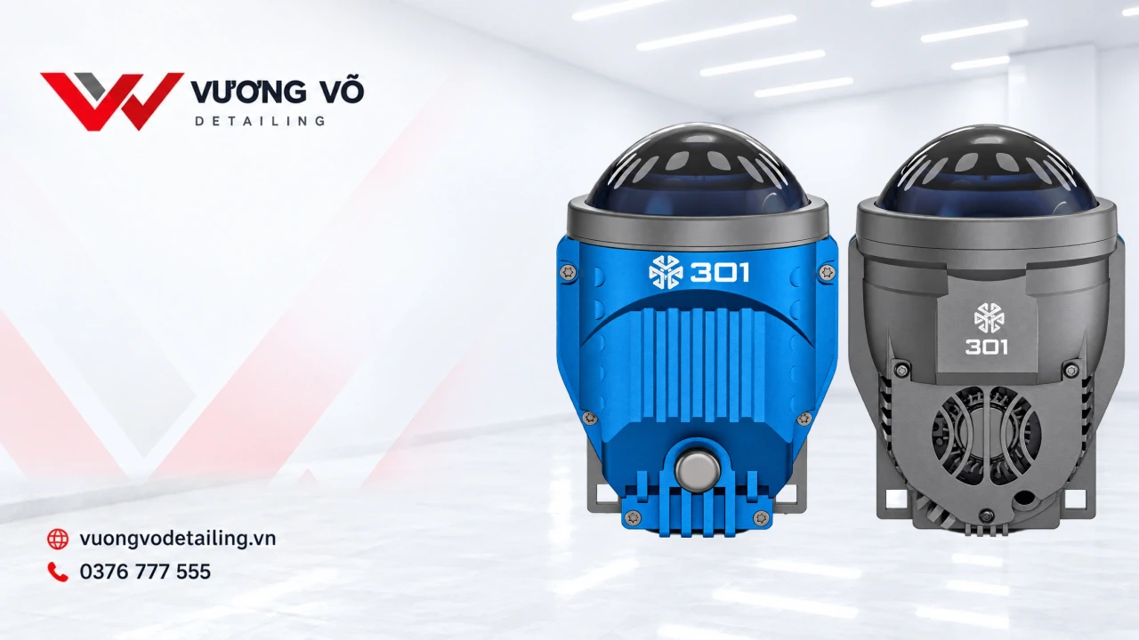 Đèn bi gầm X-Light 301 V2 trên nền nhận diện Vương Võ Detailing