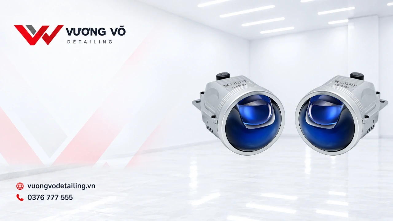 Đèn bi gầm X-Light F10 2022 mắt quỷ trên nền nhận diện Vương Võ Detailing