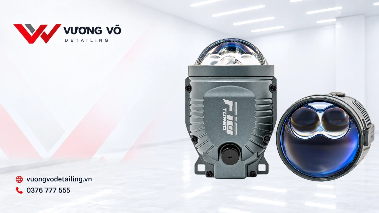 Đèn bi gầm X-Light F10 Turbo trên nền nhận diện Vương Võ Detailing