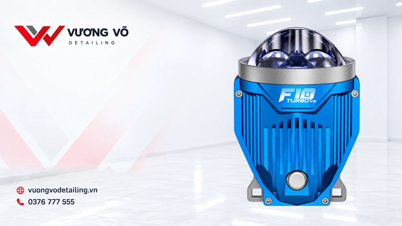 Đèn bi gầm X-Light F10 Turbo V2 trên nền nhận diện Vương Võ Detailing